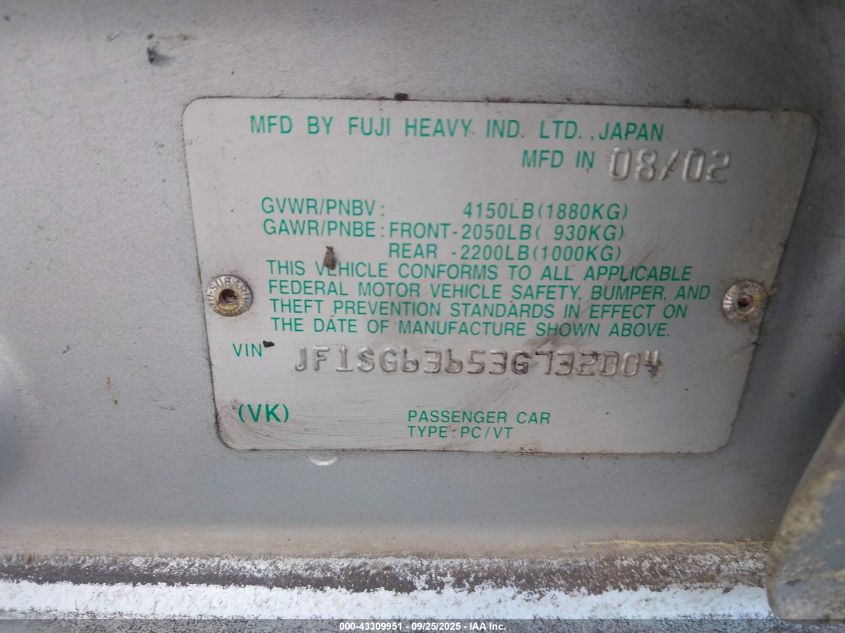 2003 Subaru Forester X VIN: JF1SG63653G732004 Lot: 43309951