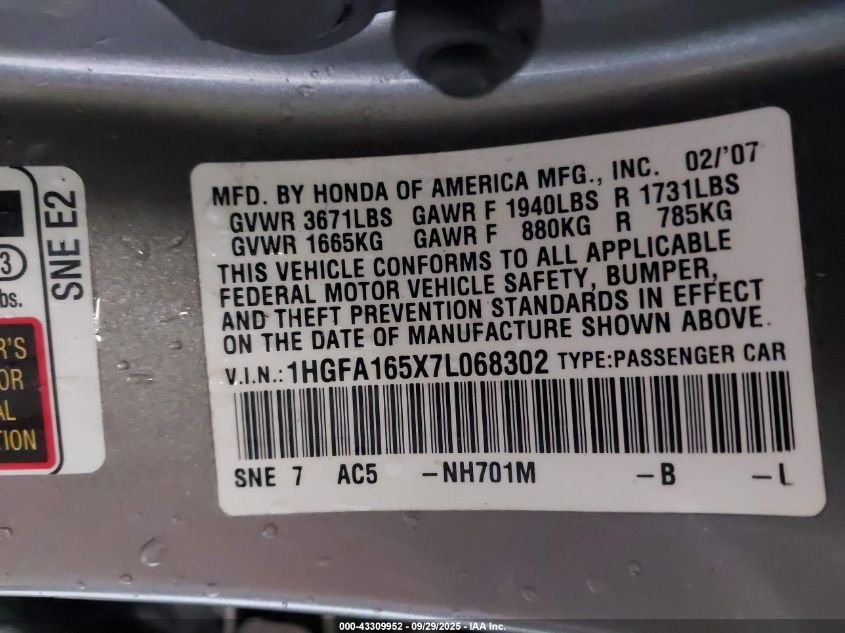 2007 Honda Civic Lx VIN: 1HGFA165X7L068302 Lot: 43309952