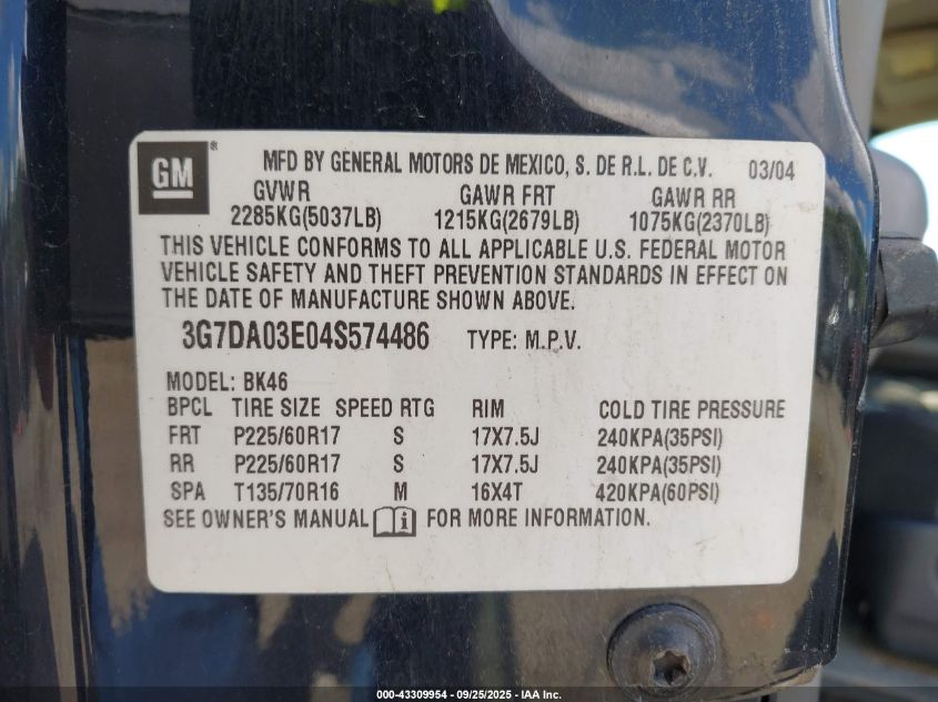 2004 Pontiac Aztek VIN: 3G7DA03E04S574486 Lot: 43309954