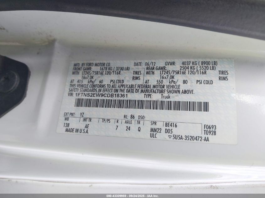 2012 Ford E-250 Commercial VIN: 1FTNS2EW9CDB18361 Lot: 43309959