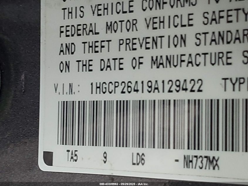 2009 Honda Accord 2.4 Lx-P VIN: 1HGCP26419A129422 Lot: 43309962