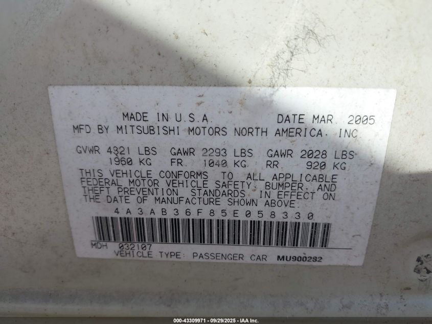 2005 Mitsubishi Galant Es/Se VIN: 4A3AB36F85E058330 Lot: 43309971
