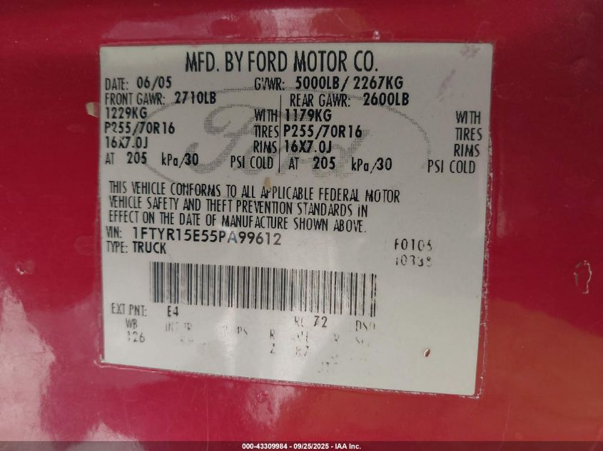 2005 Ford Ranger Edge/Xl/Xlt VIN: 1FTYR15E55PA99612 Lot: 43309984