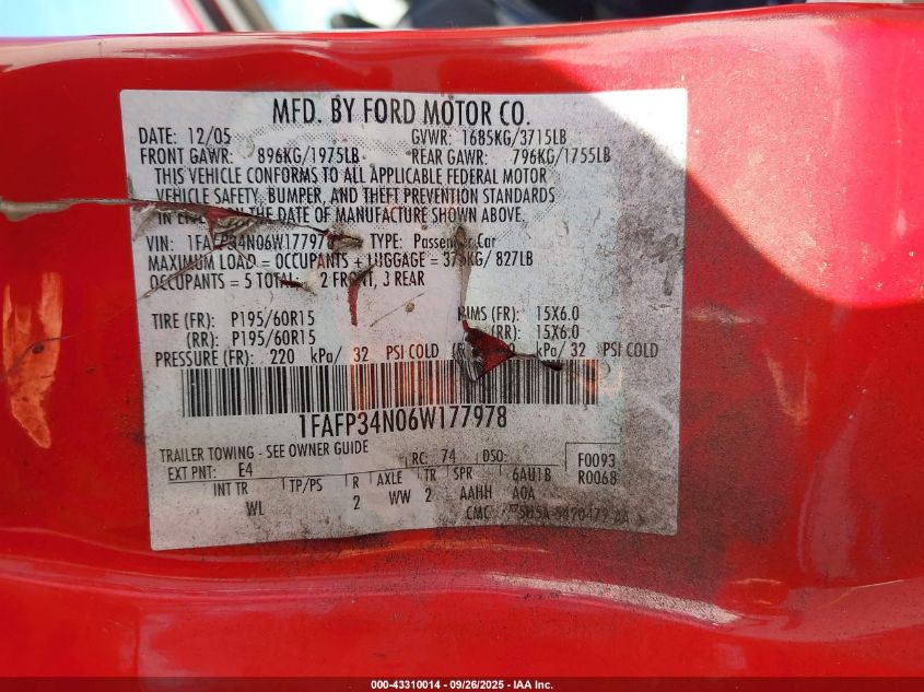 2006 Ford Focus Zx4 VIN: 1FAFP34N06W177978 Lot: 43310014