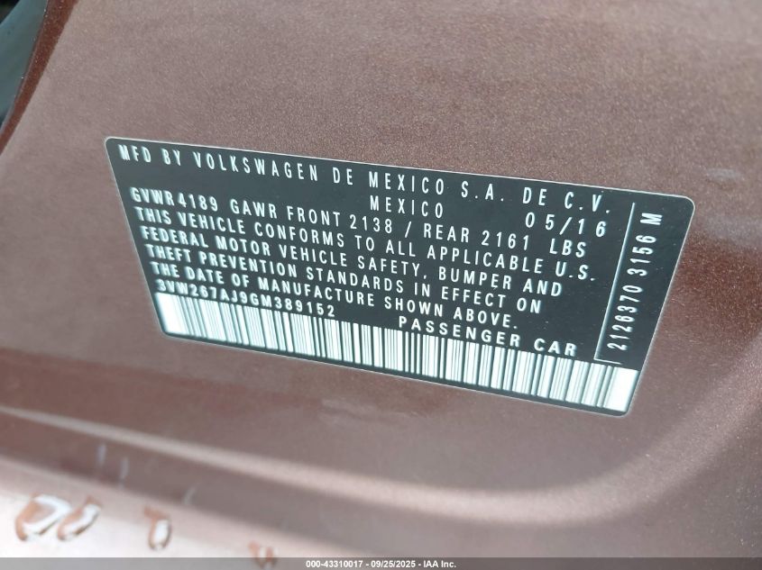 2016 Volkswagen Jetta 1.4T S VIN: 3VW267AJ9GM389152 Lot: 43310017
