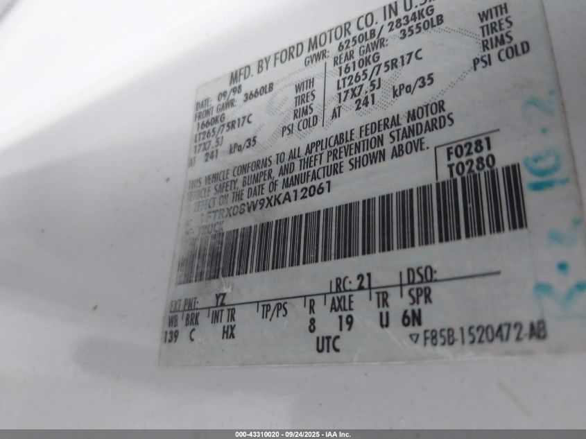 1999 Ford F-150 Lariat/Xl/Xlt VIN: 1FTRX08W9XKA12061 Lot: 43310020