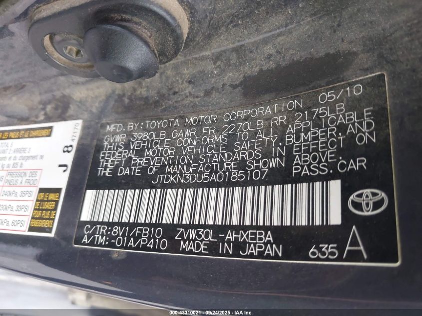 2010 Toyota Prius Ii VIN: JTDKN3DU5A0185107 Lot: 43310021