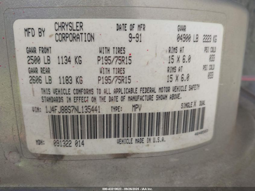 1992 Jeep Cherokee Sport VIN: 1J4FJ88S7NL135441 Lot: 43310023