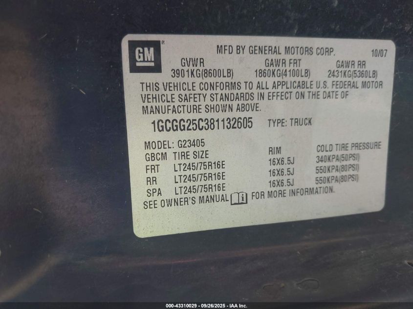 2008 Chevrolet Express Work Van VIN: 1GCGG25C381132605 Lot: 43310029