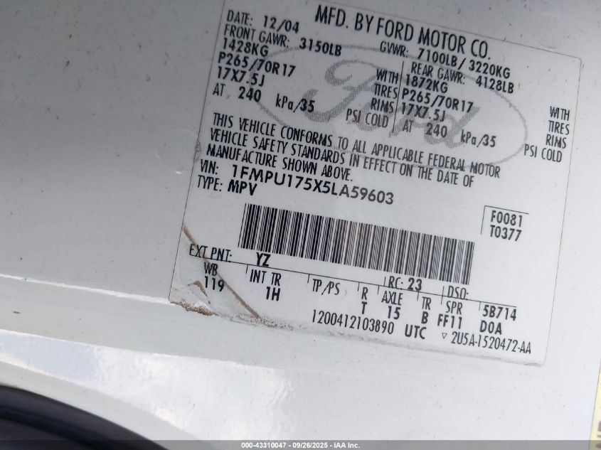 2005 Ford Expedition Eddie Bauer/King Ranch VIN: 1FMPU175X5LA59603 Lot: 43310047