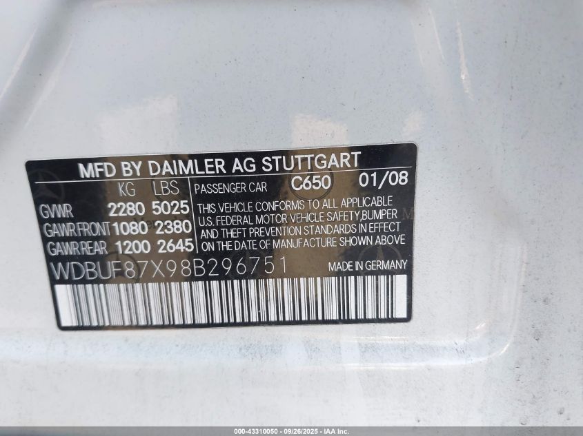 2008 Mercedes-Benz E 350 4Matic VIN: WDBUF87X98B296751 Lot: 43310050