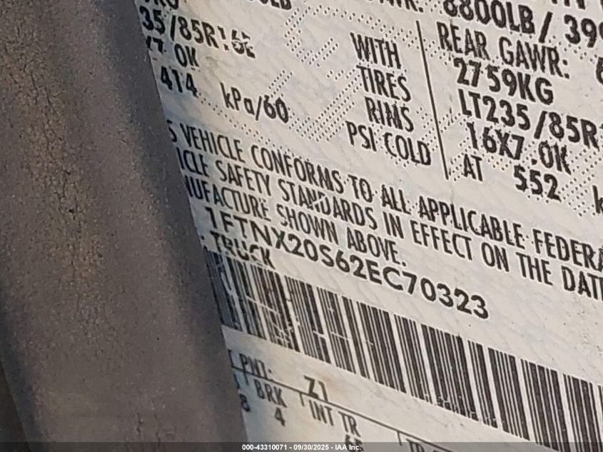 2002 Ford F-250 Lariat/Xl/Xlt VIN: 1FTNX20S62EC70323 Lot: 43310071