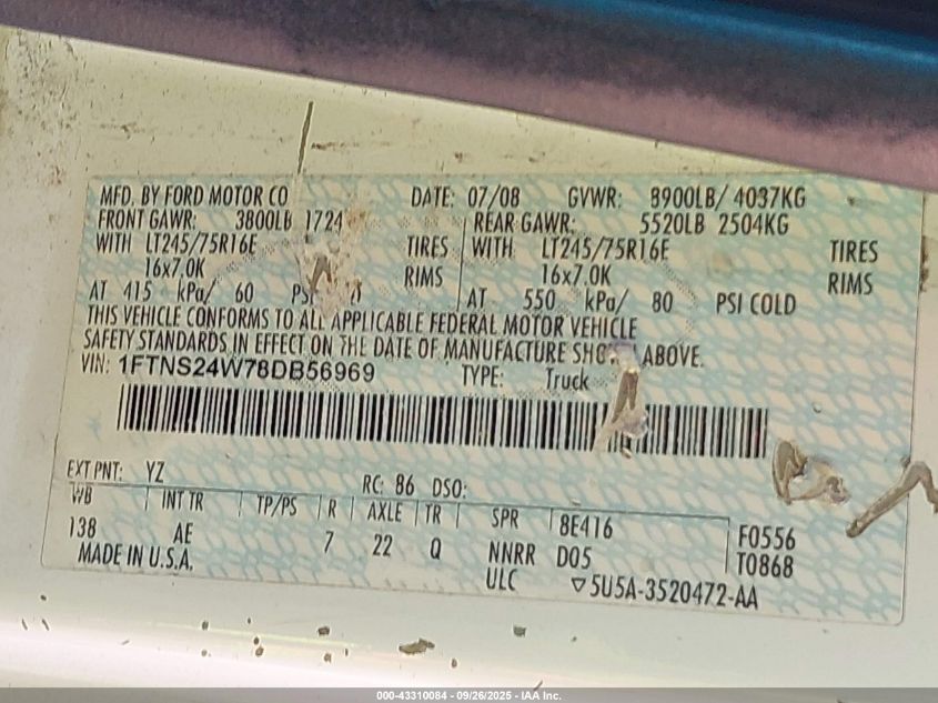 2008 Ford E-250 Commercial/Recreational VIN: 1FTNS24W78DB56969 Lot: 43310084