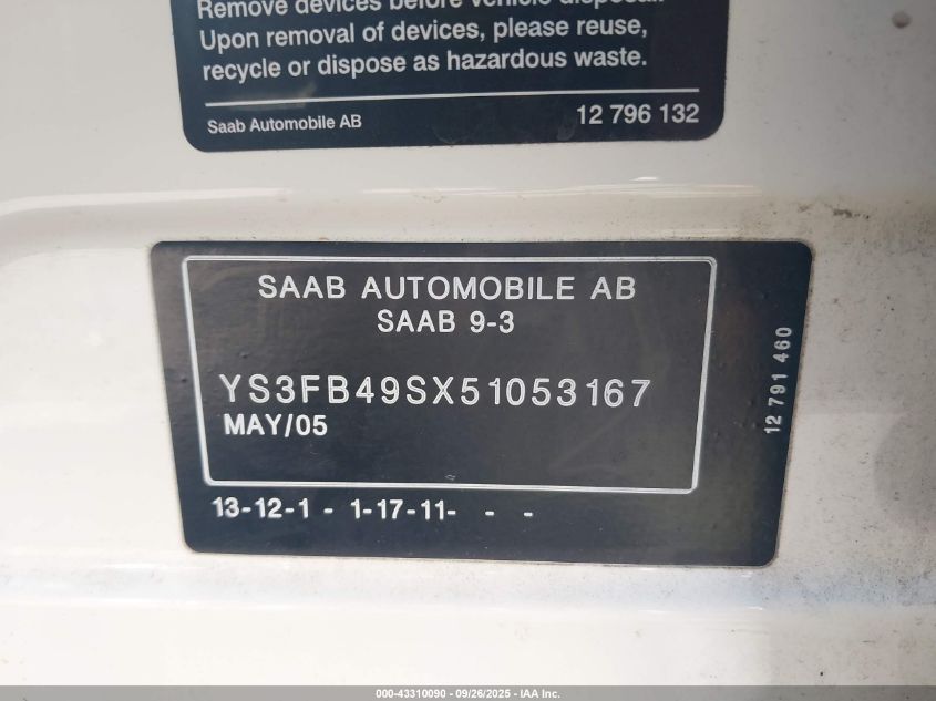 2005 Saab 9-3 Linear VIN: YS3FB49SX51053167 Lot: 43310090