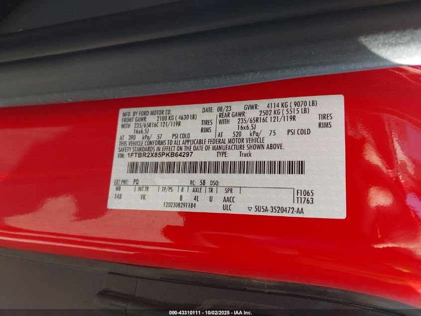 2023 Ford Transit-250 VIN: 1FTBR2X85PKB64297 Lot: 43310111