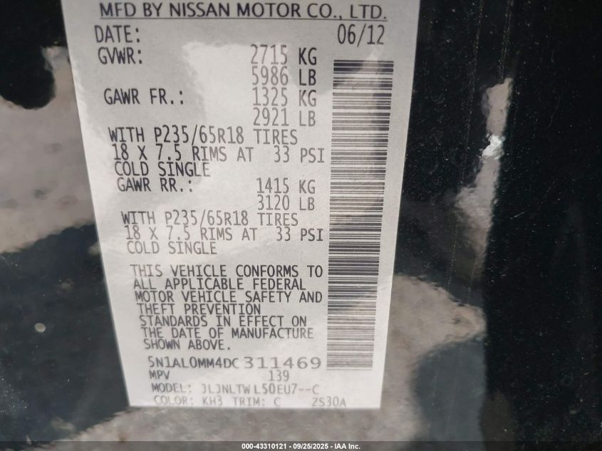 2013 Infiniti Jx35 VIN: 5N1AL0MM4DC311469 Lot: 43310121