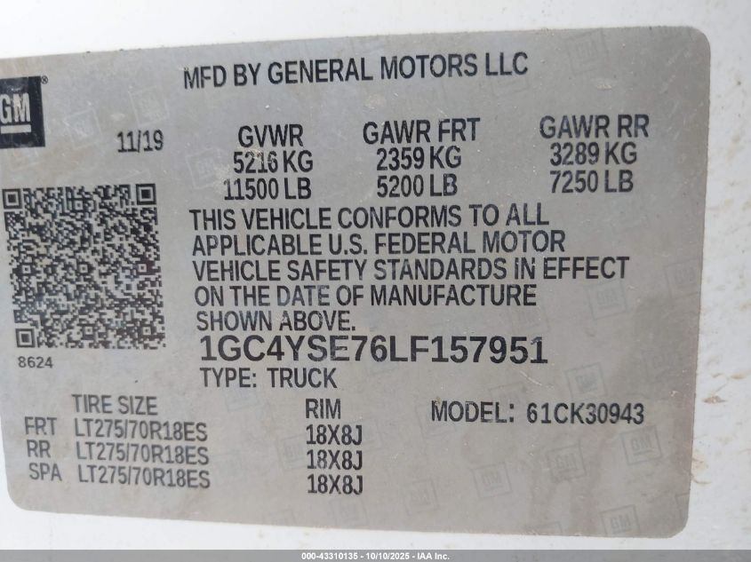 2020 Chevrolet Silverado 3500Hd VIN: 1GC4YSE76LF157951 Lot: 43310135