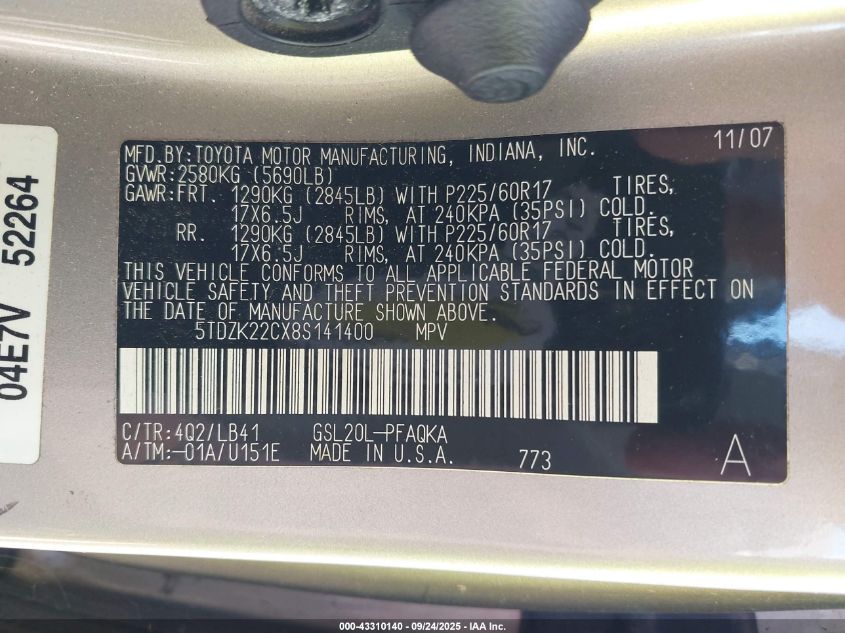 2008 Toyota Sienna Xle VIN: 5TDZK22CX8S141400 Lot: 43310140