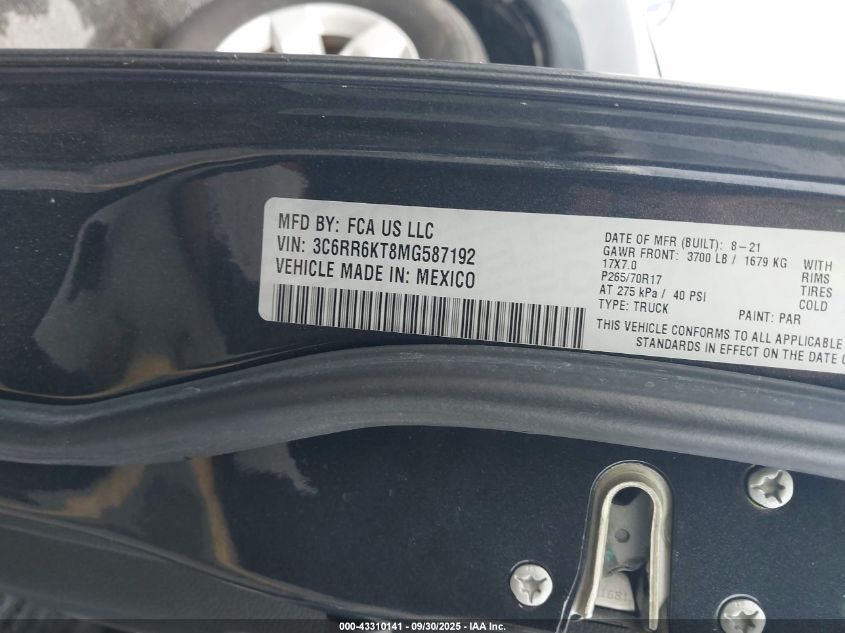 2021 Ram 1500 Classic Tradesman 4X2 5'7 Box VIN: 3C6RR6KT8MG587192 Lot: 43310141