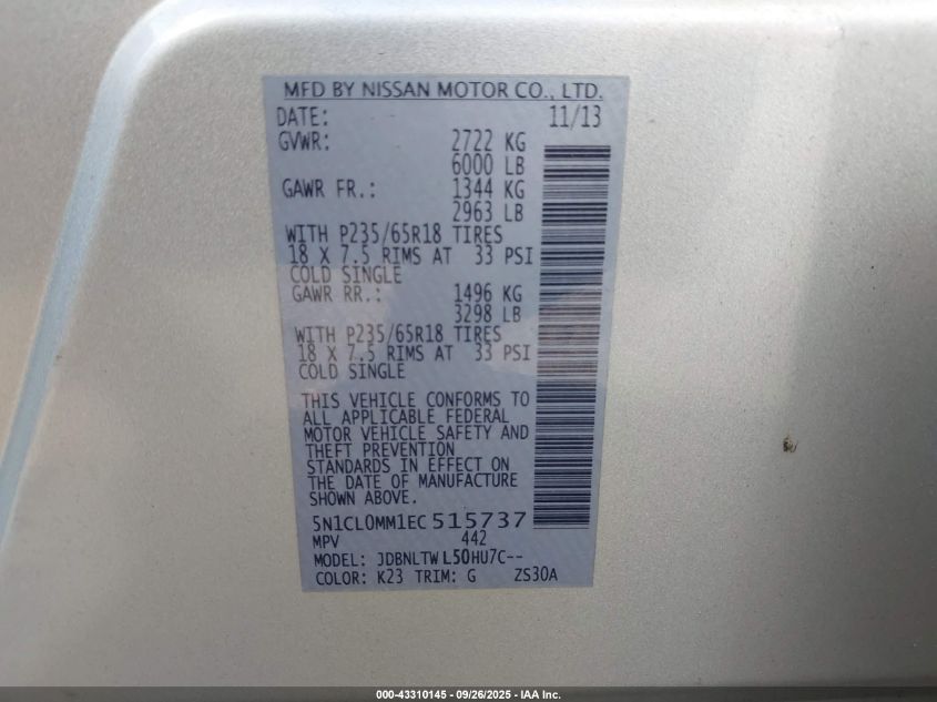 2014 Infiniti Qx60 Hybrid VIN: 5N1CL0MM1EC515737 Lot: 43310145