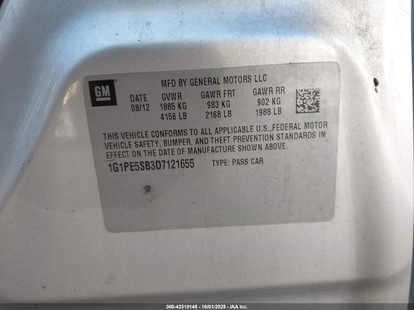 2013 Chevrolet Cruze 2Lt Auto VIN: 1G1PE5SB3D7121655 Lot: 43310146