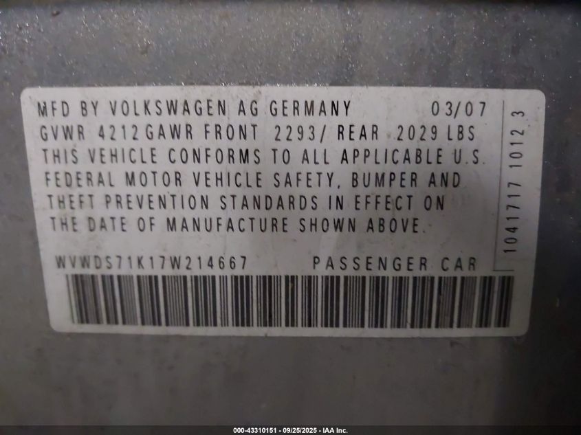 2007 Volkswagen Rabbit 4-Door VIN: WVWDS71K17W214667 Lot: 43310151