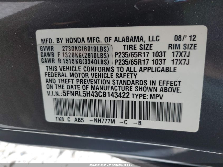 2012 Honda Odyssey Ex VIN: 5FNRL5H43CB143422 Lot: 43310156
