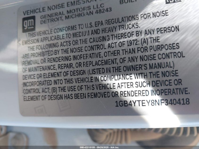 2022 Chevrolet Silverado 3500Hd Chassis Lt VIN: 1GB4YTEY8NF340418 Lot: 43310159