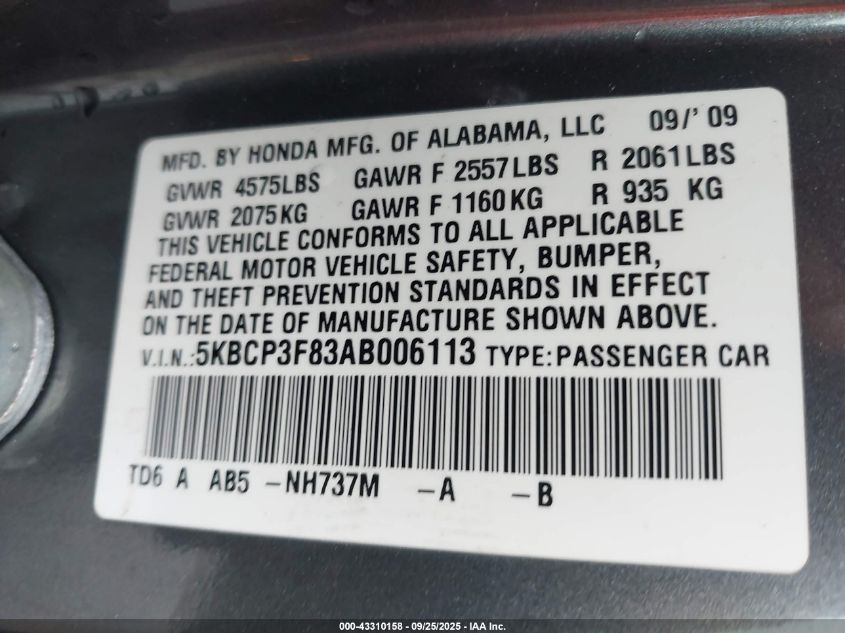2010 Honda Accord 3.5 Ex-L VIN: 5KBCP3F83AB006113 Lot: 43310158