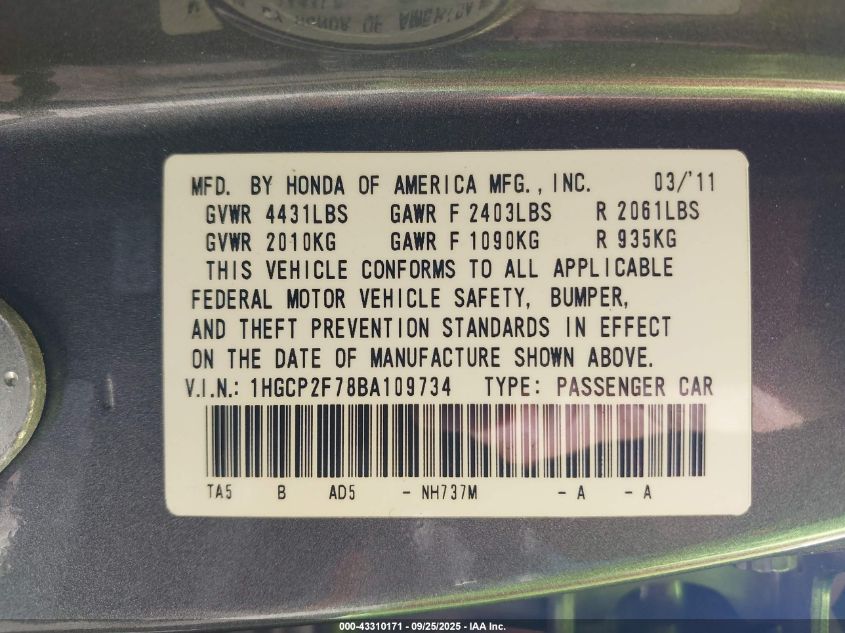 2011 Honda Accord 2.4 Ex VIN: 1HGCP2F78BA109734 Lot: 43310171
