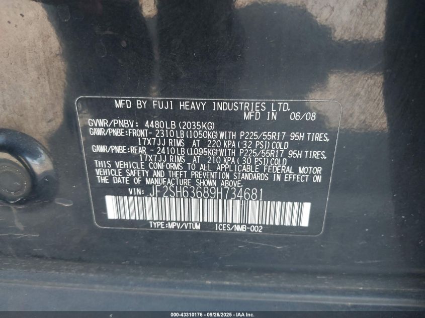 2009 Subaru Forester 2.5X VIN: JF2SH63689H734681 Lot: 43310176