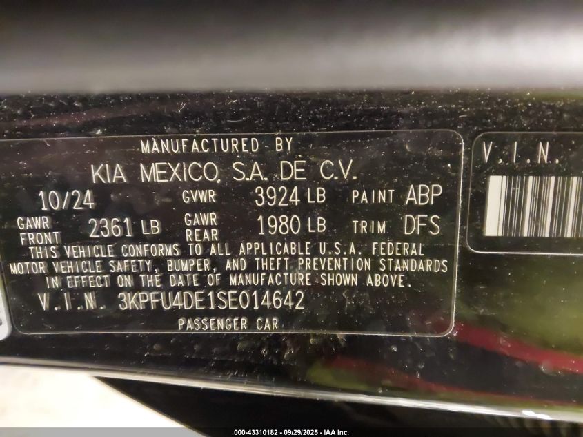 2025 Kia K4 Ex VIN: 3KPFU4DE1SE014642 Lot: 43310182