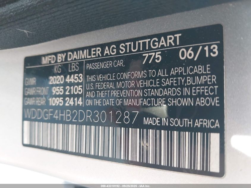 2013 Mercedes-Benz C 250 Sport VIN: WDDGF4HB2DR301287 Lot: 43310192