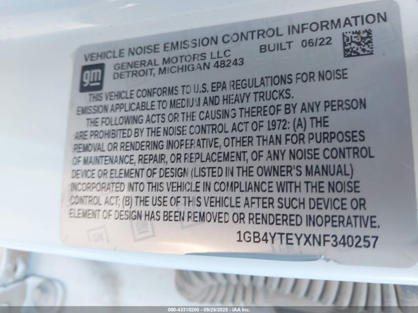 2022 Chevrolet Silverado 3500Hd Chassis Lt VIN: 1GB4YTEYXNF340257 Lot: 43310200