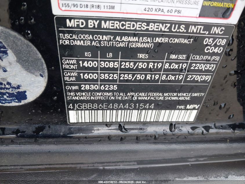 2008 Mercedes-Benz Ml 350 4Matic VIN: 4JGBB86E48A431544 Lot: 43310212