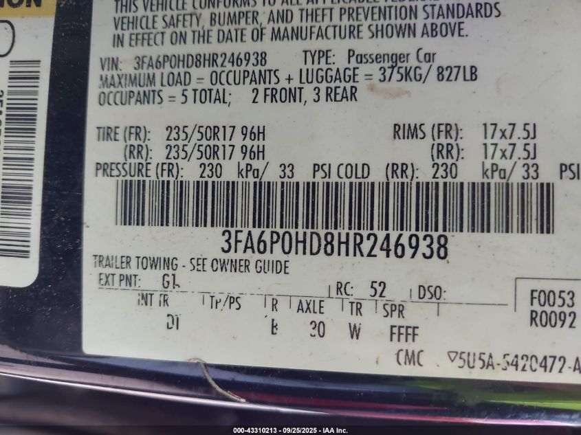 2017 Ford Fusion Se VIN: 3FA6P0HD8HR246938 Lot: 43310213
