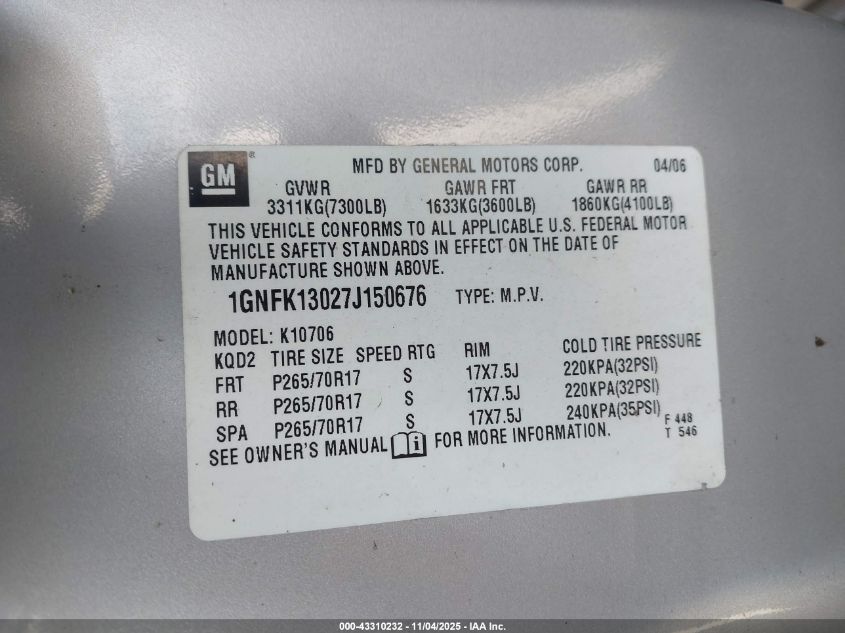 2007 Chevrolet Tahoe Lt VIN: 1GNFK13027J150676 Lot: 43310232
