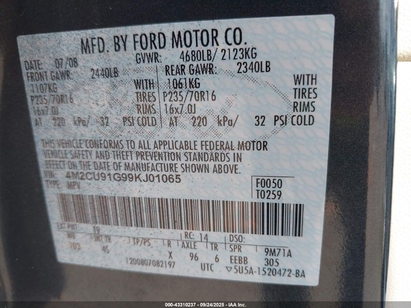 2009 Mercury Mariner V6 VIN: 4M2CU91G99KJ01065 Lot: 43310237