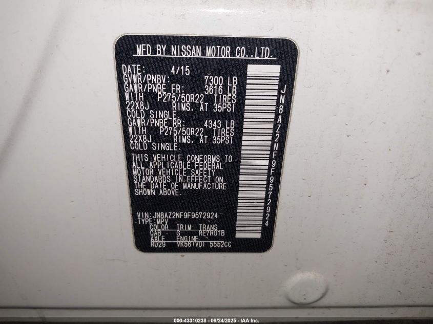 2015 Infiniti Qx80 VIN: JN8AZ2NF9F9572924 Lot: 43310238