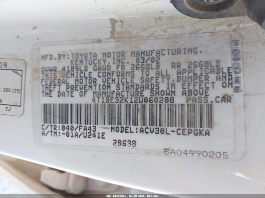 4T1BE32K12U060208 2002 TOYOTA CAMRY photo no. 9