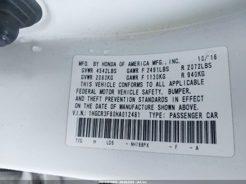 2017 Honda Accord Ex-L V6 VIN: 1HGCR3F80HA012481 Lot: 43310252