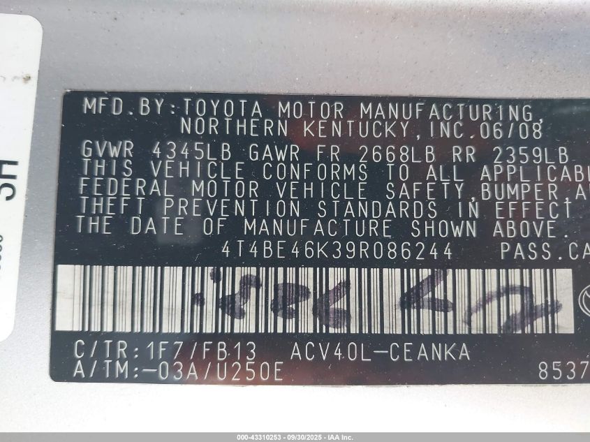 2009 Toyota Camry Le VIN: 4T4BE46K39R086244 Lot: 43310253