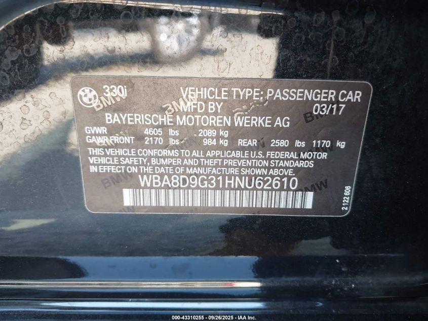2017 BMW 330I xDrive VIN: WBA8D9G31HNU62610 Lot: 43310255