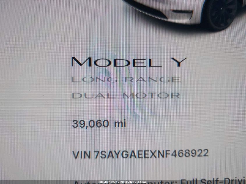 2022 Tesla Model Y Long Range Dual Motor All-Wheel Drive VIN: 7SAYGAEEXNF468922 Lot: 43310277
