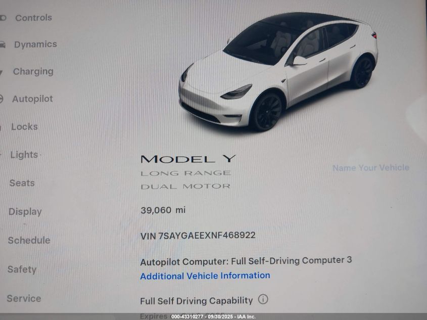 2022 Tesla Model Y Long Range Dual Motor All-Wheel Drive VIN: 7SAYGAEEXNF468922 Lot: 43310277