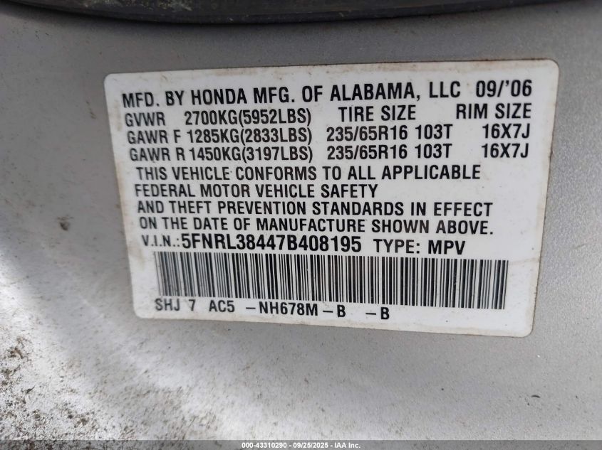 2007 Honda Odyssey Ex VIN: 5FNRL38447B408195 Lot: 43310290