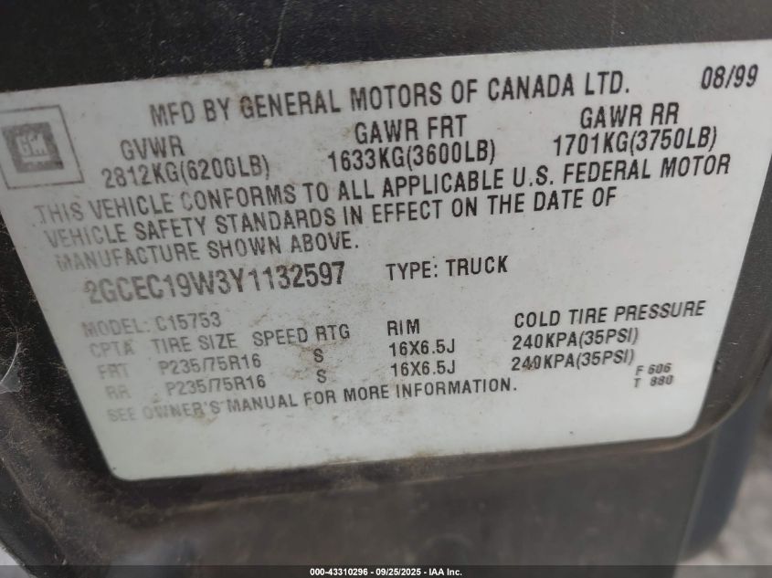 2000 Chevrolet Silverado 1500 VIN: 2GCEC19W3Y1132597 Lot: 43310296