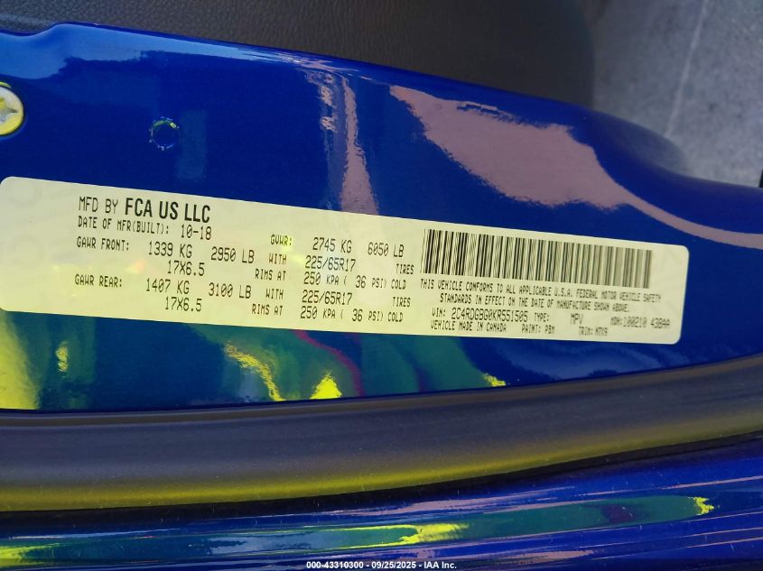 2019 Dodge Grand Caravan Se Plus VIN: 2C4RDGBG0KR551505 Lot: 43310300