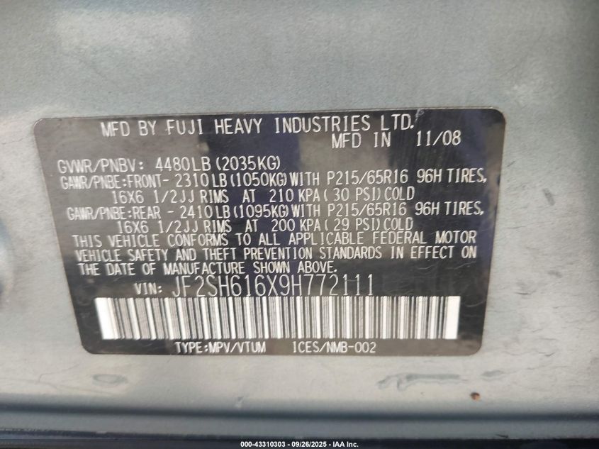 2009 Subaru Forester 2.5X VIN: JF2SH616X9H772111 Lot: 43310303
