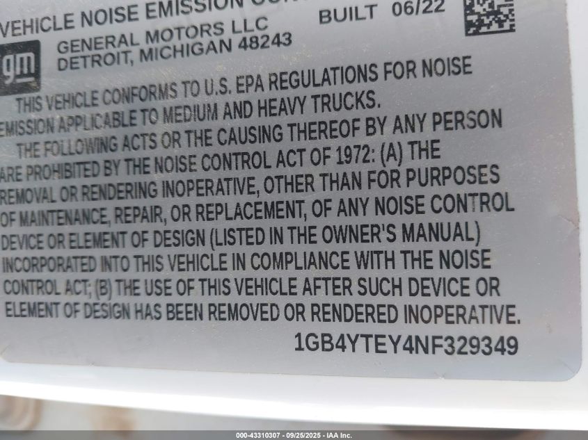 2022 Chevrolet Silverado 3500Hd Chassis Lt VIN: 1GB4YTEY4NF329349 Lot: 43310307